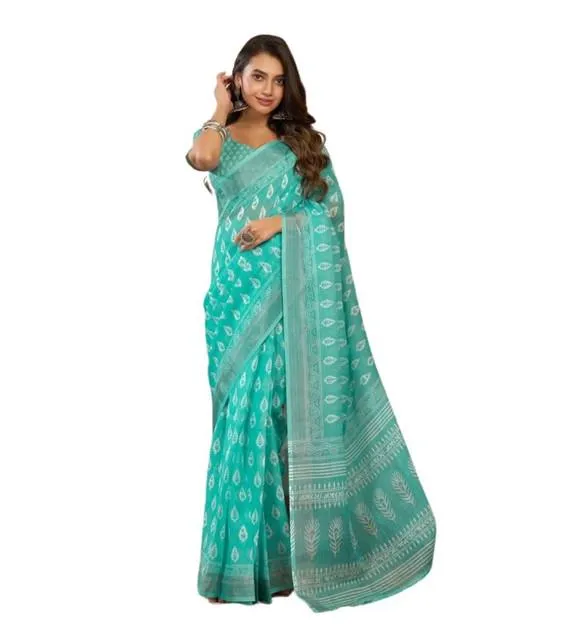Generic Women's Linen Cotton Printed Ready To Wear Saree With Unstitched Blouse 5.5 Mtr (Sea_Green)