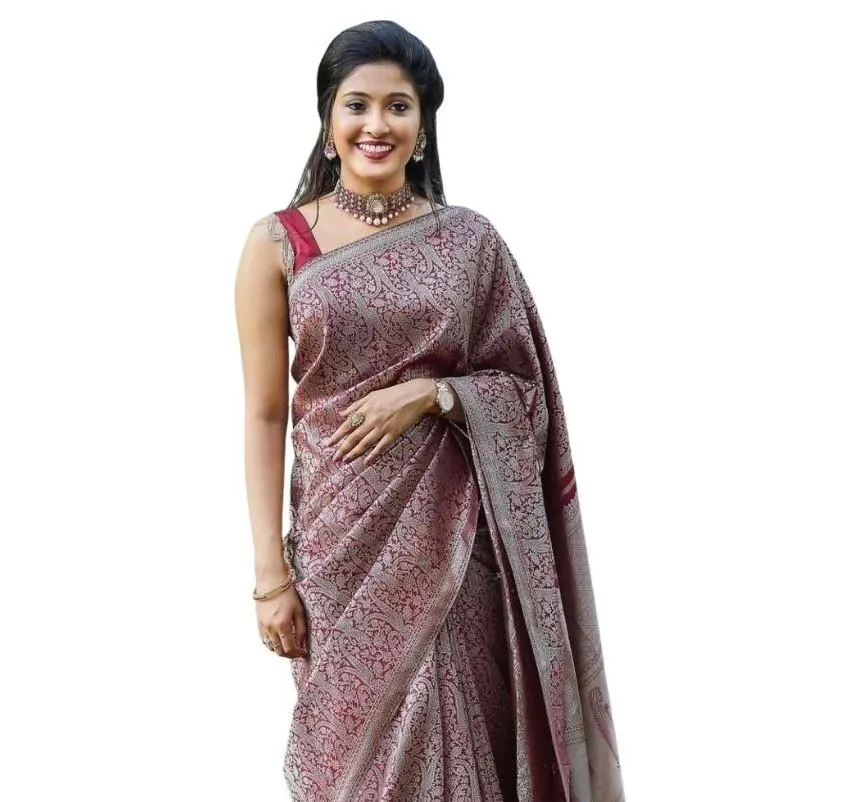 Generic Women's Soft Lichi Silk Printed Saree With Unstitched Blouse 5.5Mtr (Wine)