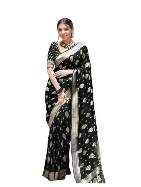 Generic Women's Soft Lichi Silk Printed Saree With Unstitched Blouse 5.5Mtr (Black)
