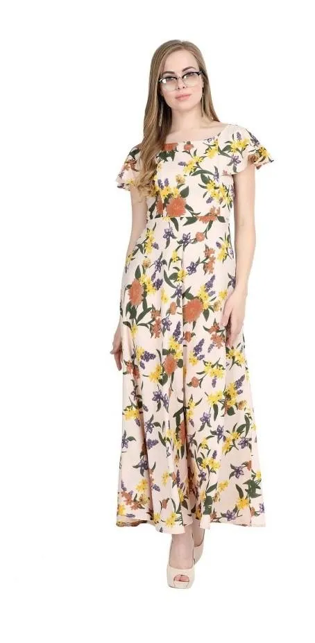 Generic Women's Crepe Floral Half Sleeves Full Length Gown(Beige)