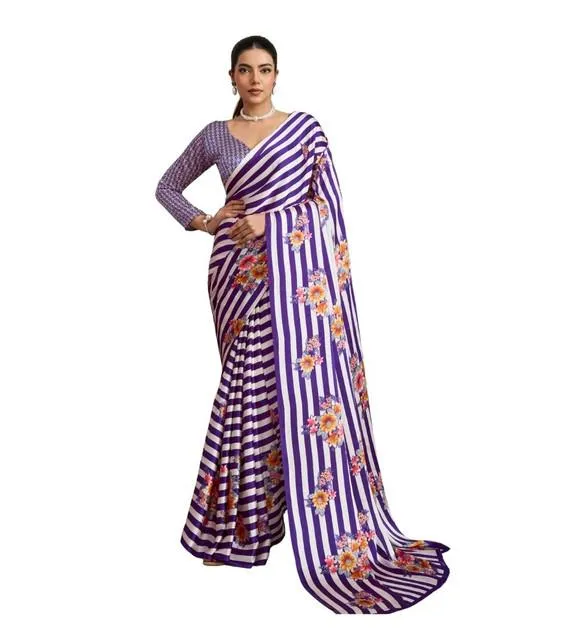 Generic Women's Satin Crepe Printed Saree With Unstitched Blouse 5.5Mtr (Purple)