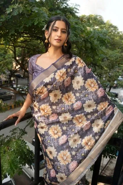 Generic Women's Polyester Printed Saree With Unstitched Blouse 5.5 Mtr (Purple)