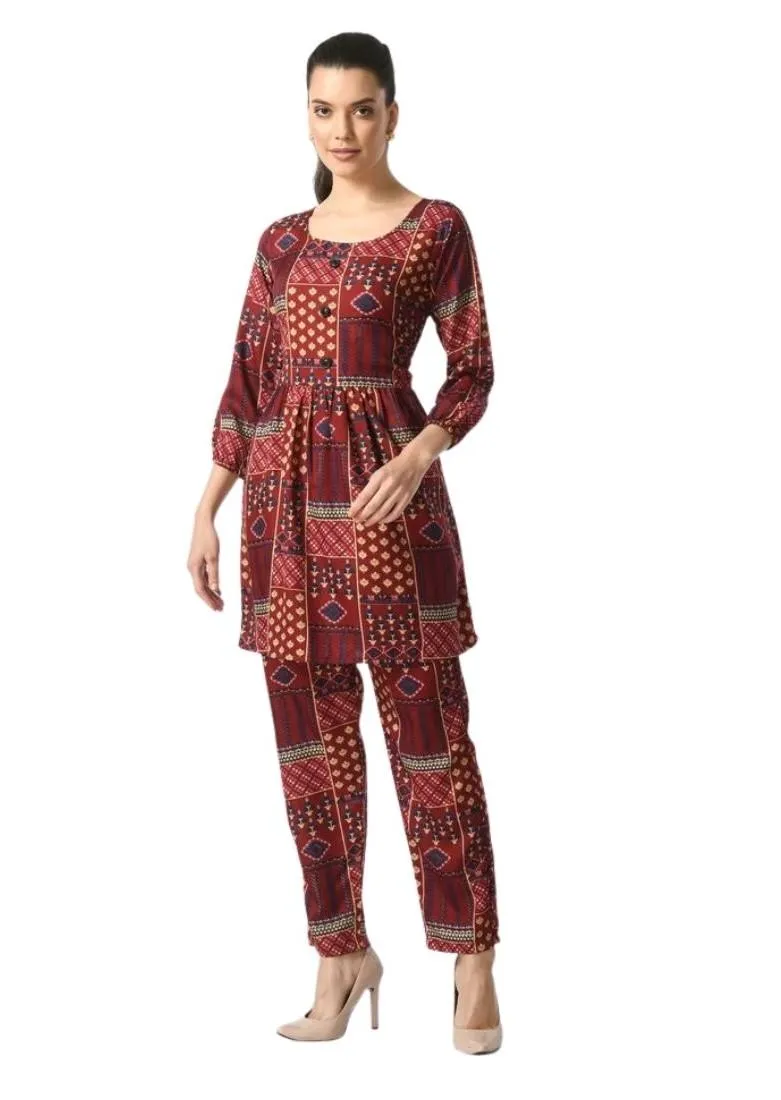 Generic Women's Casual Crepe 3-4th Sleeves Cord Set (Maroon)