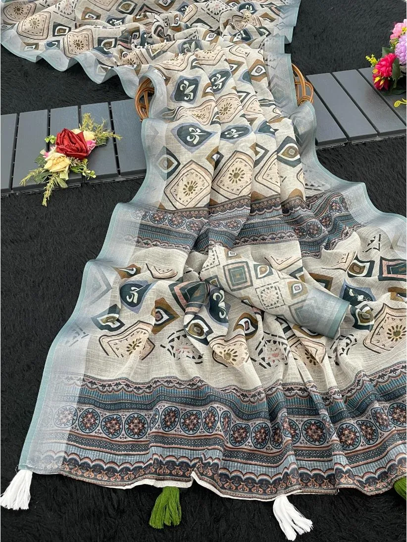 Generic Women's Linen Cotton  Printed Saree With Unstitched Blouse 5.5Mtr (Grey)