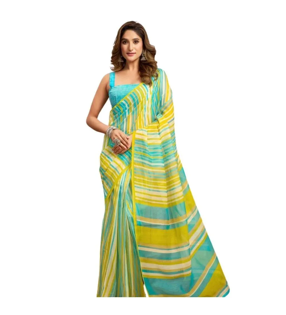 Generic Women's Linen Cotton Printed Ready To Wear With Pocket Saree With Unstitched Blouse 5.5 Mtr (Light_Aqua_Blue)