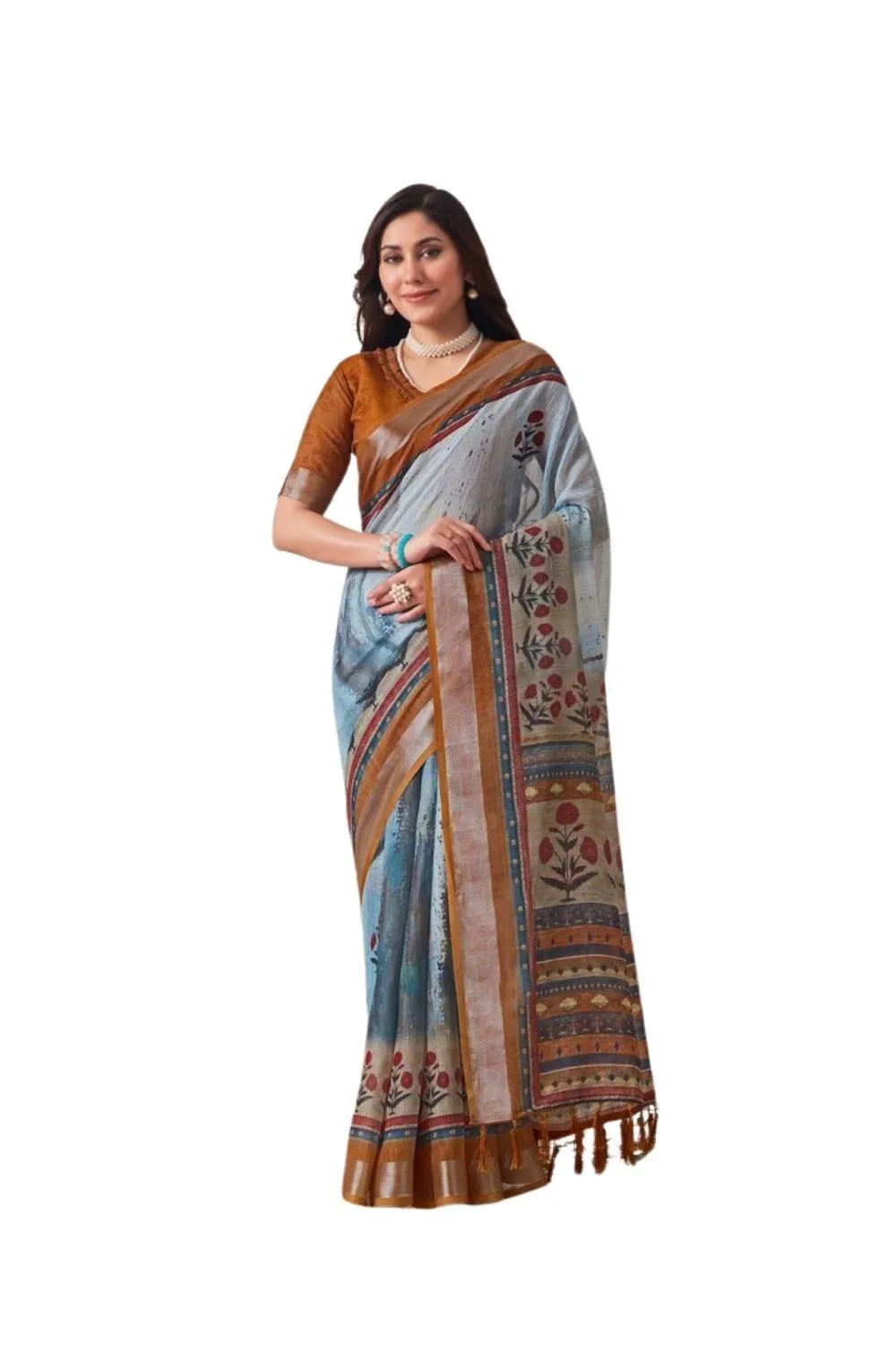 Generic Women's Faux_Linen Printed Saree With Unstitched Blouse 5.5Mtr (Blue)
