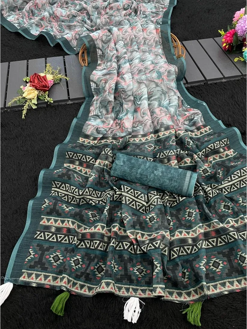 Generic Women's Linen Cotton  Printed Saree With Unstitched Blouse 5.5Mtr (Blue)
