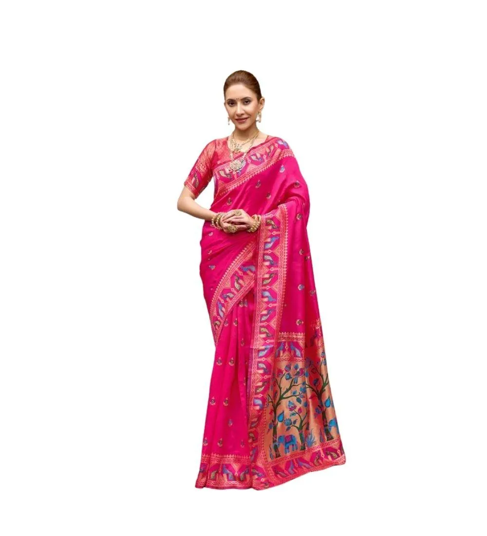 Generic Women's Silk Blend Woven Saree With Unstitched Blouse 5.5 Mtr (Pink)