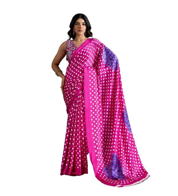 Generic Women's Satin Crepe Printed Saree With Unstitched Blouse 5.5Mtr (Pink)