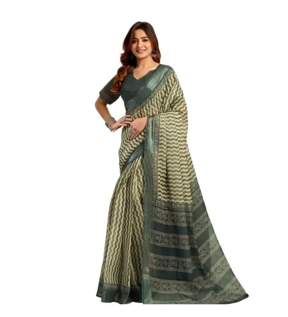Generic Women's Linen Cotton Printed Ready To Wear With Pocket Saree With Unstitched Blouse 5.5 Mtr (Olive)