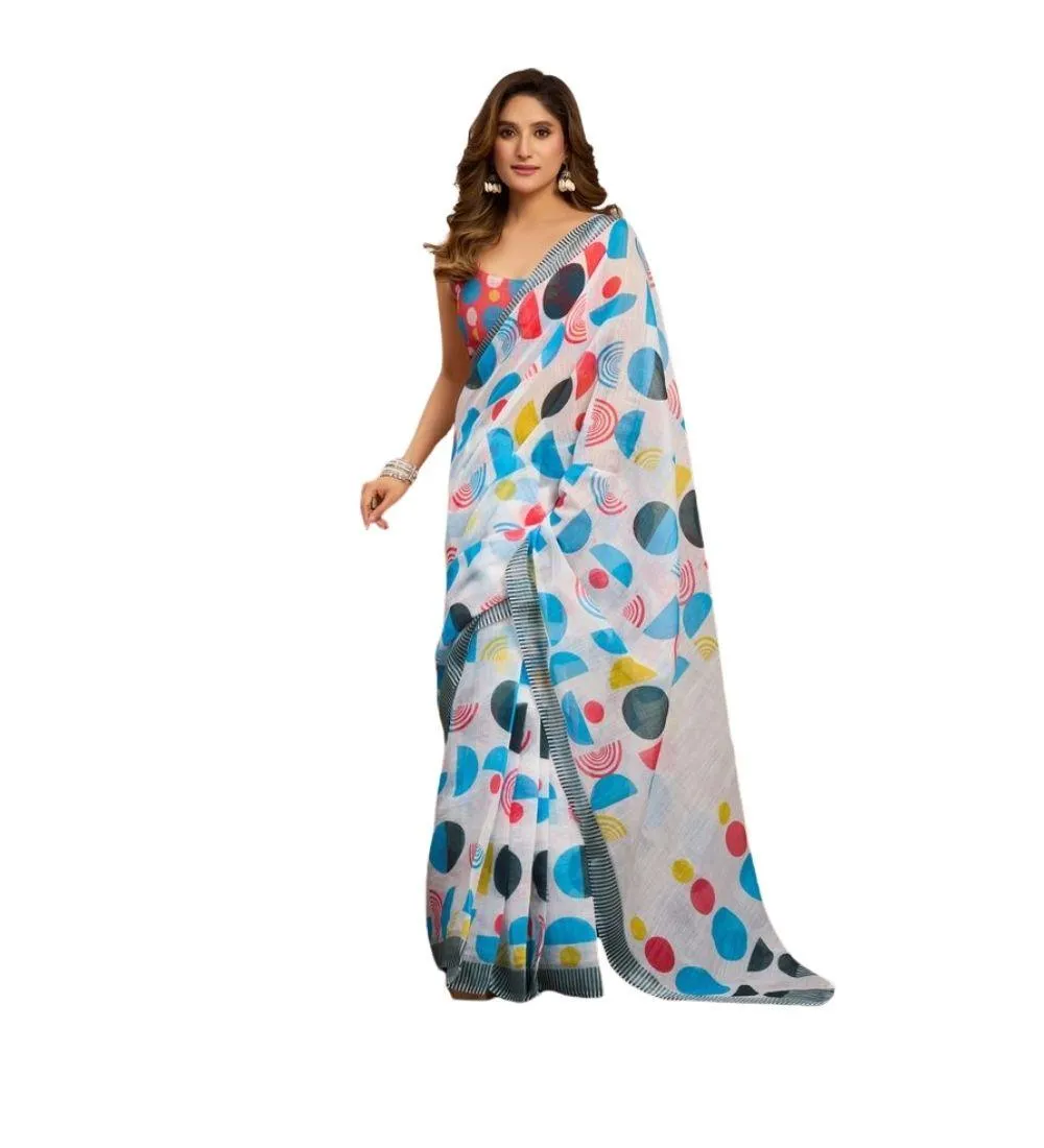 Generic Women's Linen Cotton Printed Ready To Wear Saree With Unstitched Blouse 5.5 Mtr (Multicolor)
