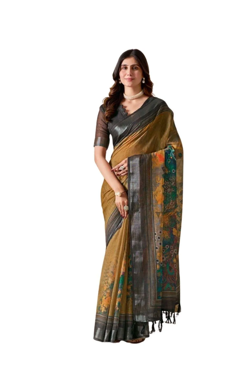 Generic Women's Faux_Linen Printed Saree With Unstitched Blouse 5.5Mtr (Mustard)