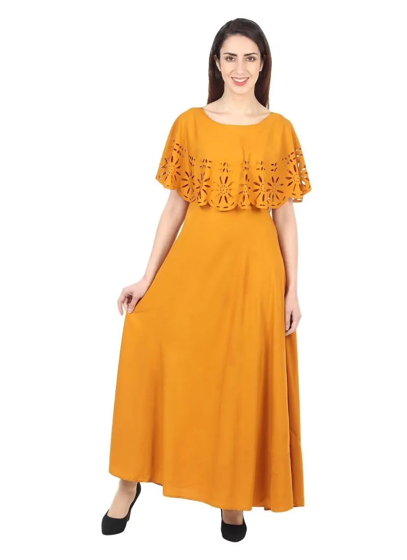 Generic Women's Crepe Solid Sleeveless Full Length Gown(Yellow)