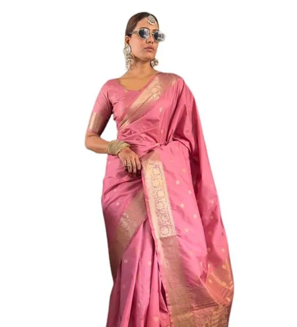 Generic Women's Satin Printed Saree With Unstitched Blouse 5.5Mtr (Pink)