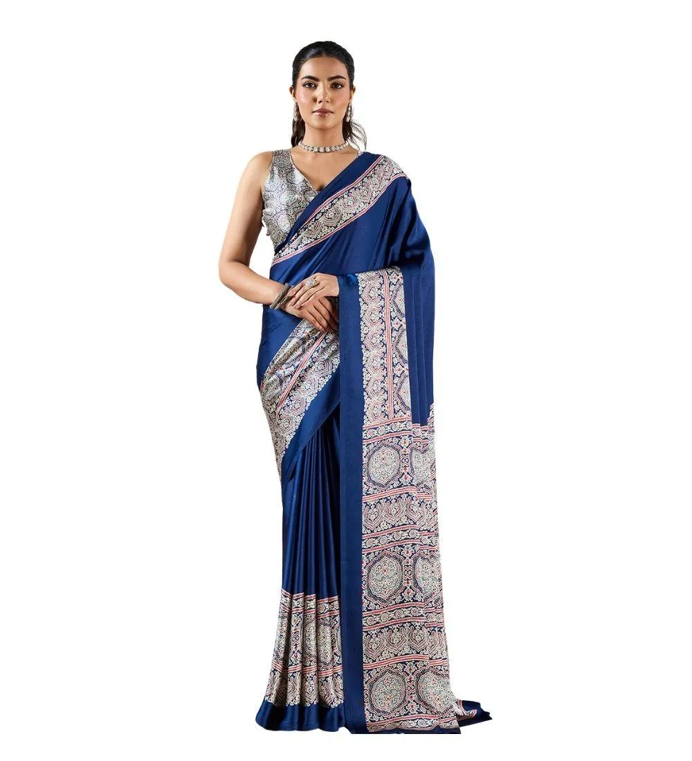 Generic Women's Satin Crepe Printed Saree With Unstitched Blouse 5.5Mtr (Blue)