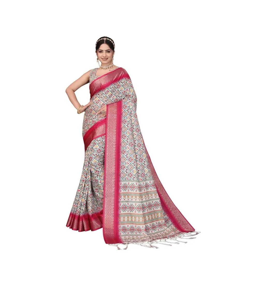 Generic Women's Cotton Silk  Printed Saree With Unstitched Blouse 5.5Mtr (Pink)