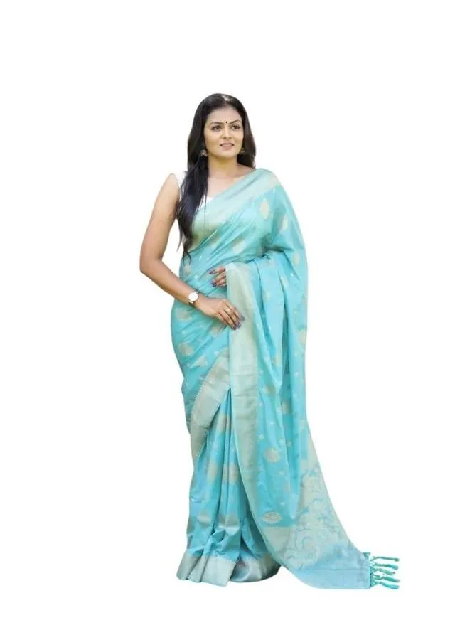 Generic Women's Soft Lichi Silk Printed Saree With Unstitched Blouse 5.5Mtr (Sky-Blue)