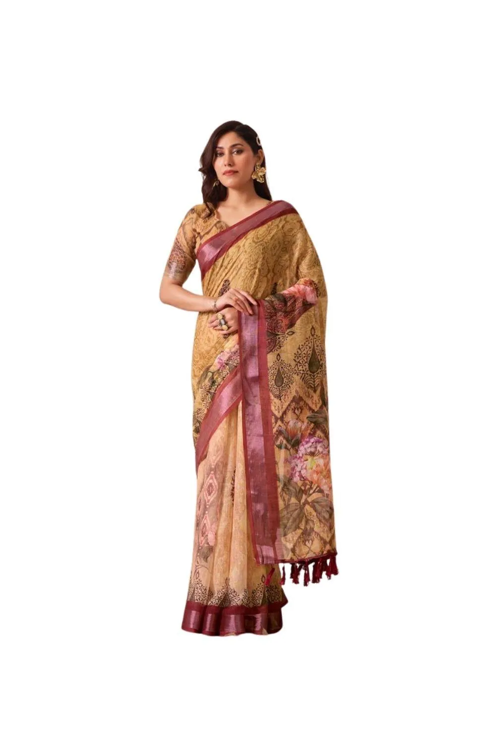 Generic Women's Faux_Linen Printed Saree With Unstitched Blouse 5.5Mtr (Mustard)