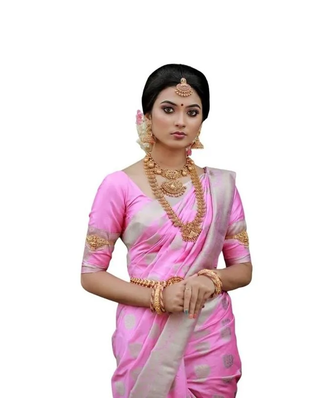 Generic Women's Soft Lichi Silk Printed Saree With Unstitched Blouse 5.5Mtr (Pink)