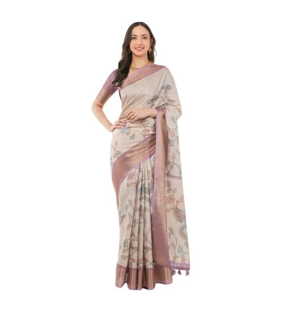 Generic Women's Polyester Printed Saree With Unstitched Blouse 5.5 Mtr (Cream)