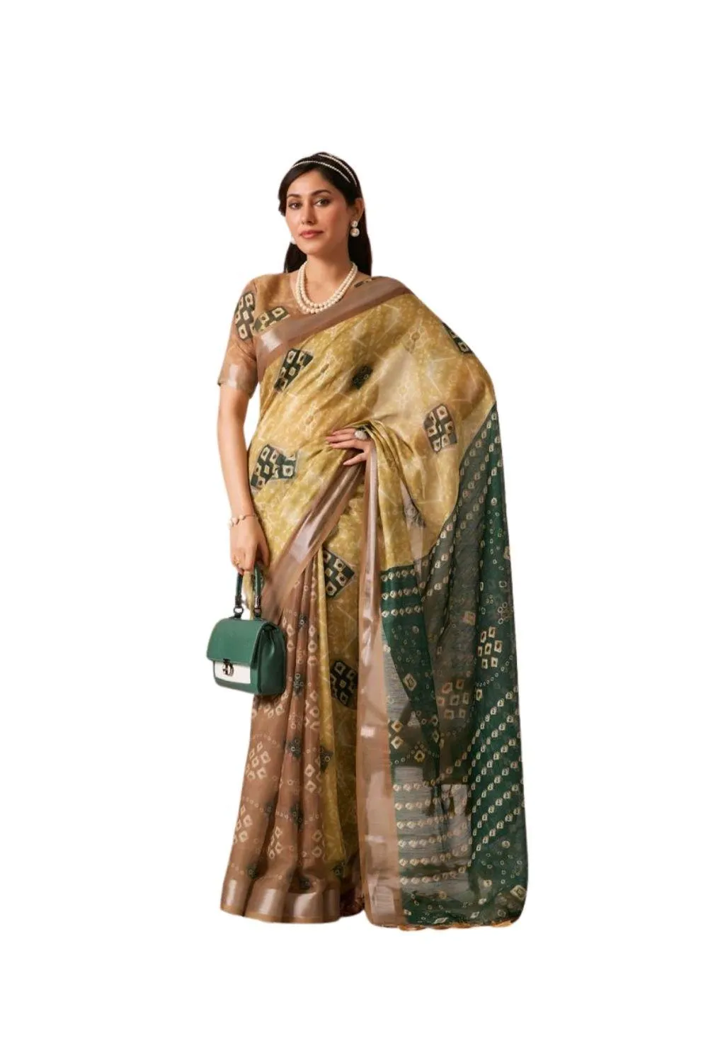 Generic Women's Faux_Linen Printed Saree With Unstitched Blouse 5.5Mtr (Mustard)