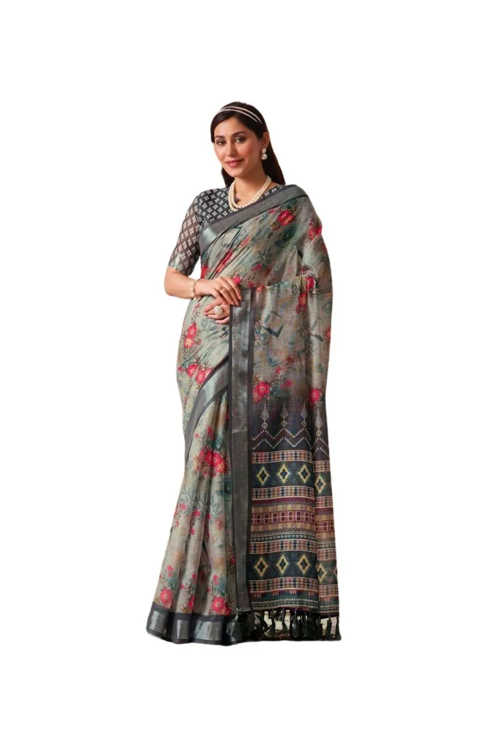 Generic Women's Faux_Linen Printed Saree With Unstitched Blouse 5.5Mtr (Light_Grey)