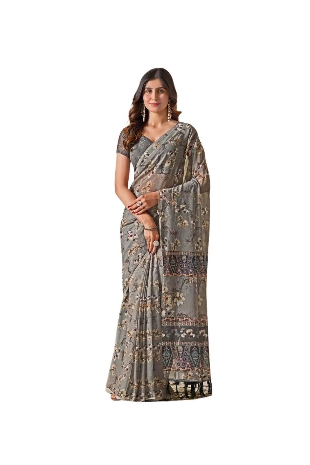 Generic Women's Georgette Printed Saree With Unstitched Blouse 5.5Mtr (Grey)