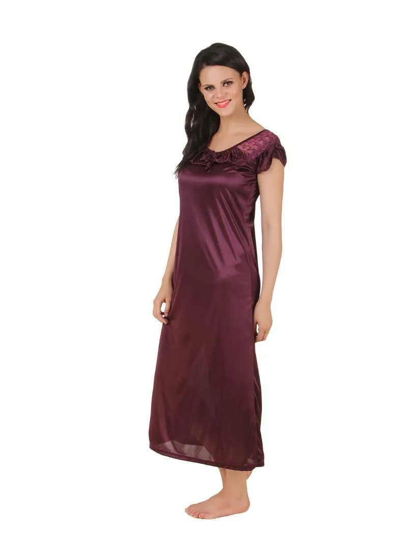 Women's Satin 2 PCs Set Of Nighty And Wrap Gown with Half Sleeve(Color: Choclate Brown, Neck Type: U Neck)