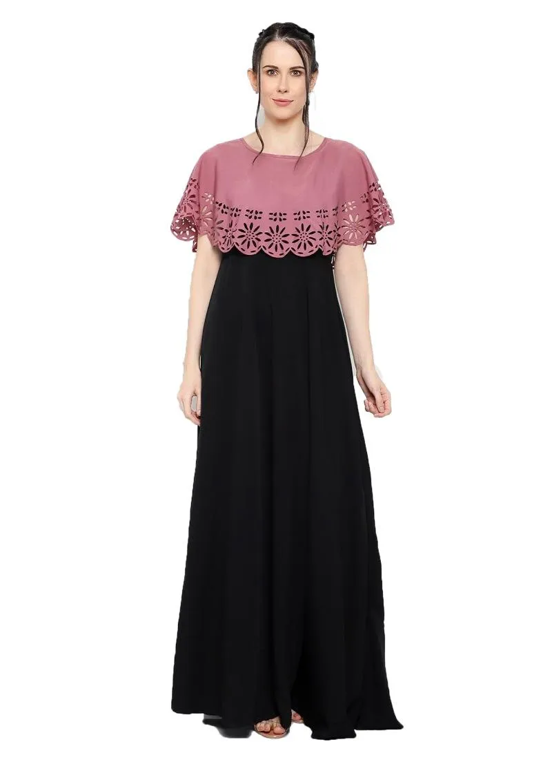 Generic Women's Crepe Solid Sleeveless Full Length Gown(Peach Black)