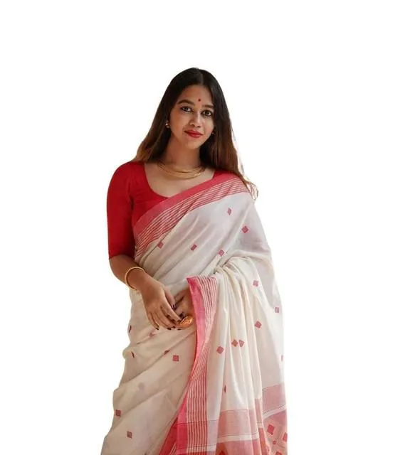 Generic Women's Soft Lilan Printed Saree With Unstitched Blouse 5.5Mtr (White)