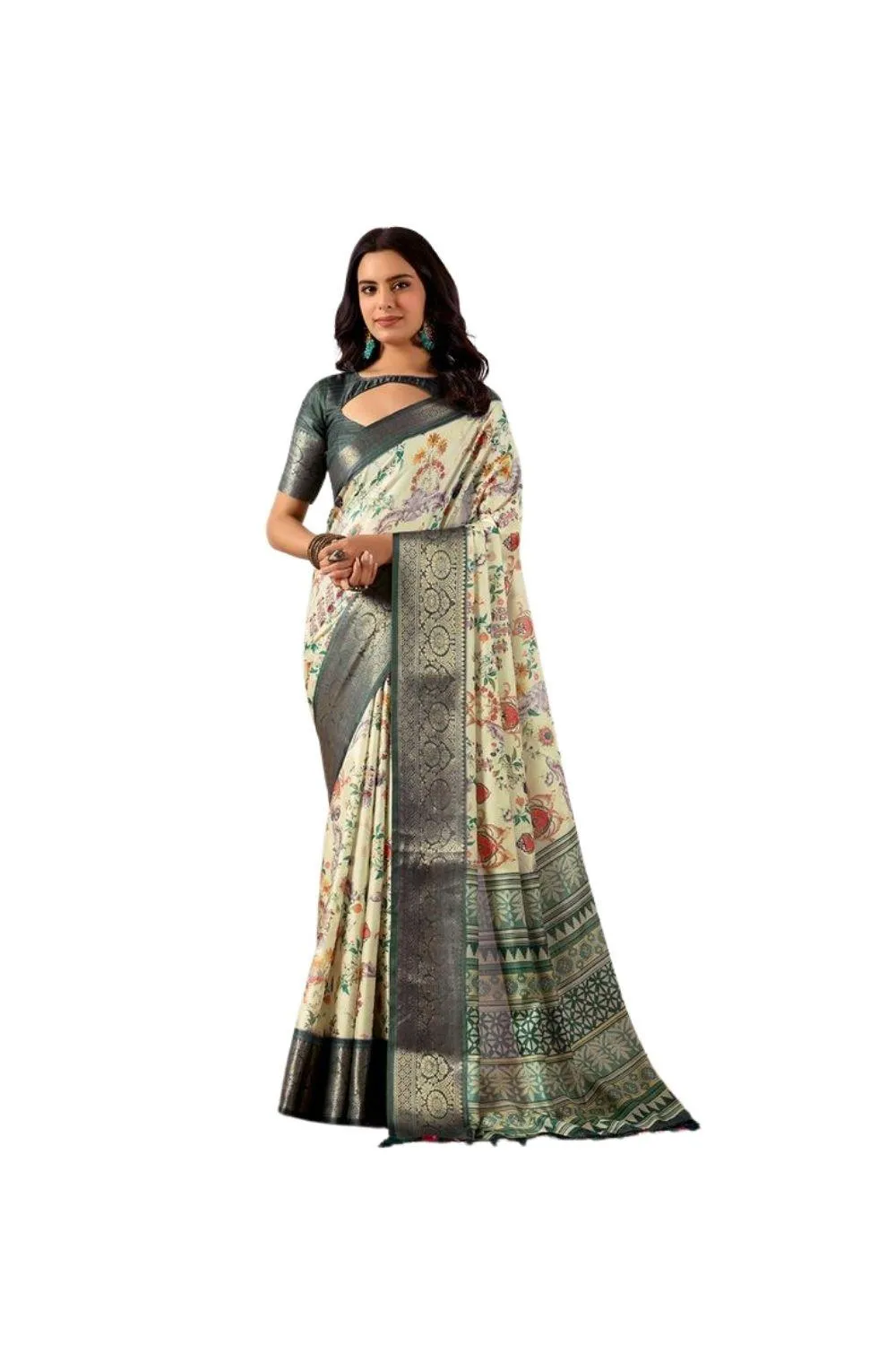 Generic Women's Faux_Silk Printed Saree With Unstitched Blouse 5.5Mtr (Off_White)