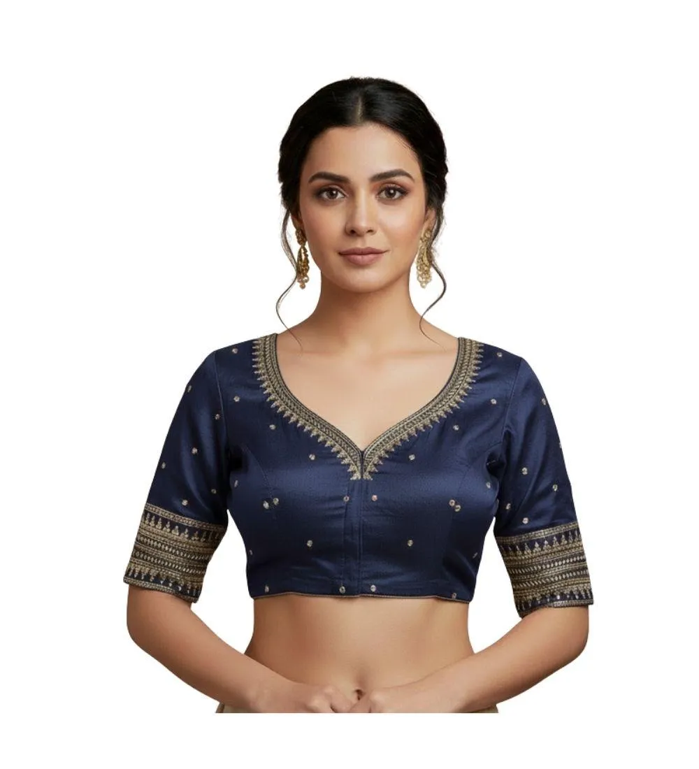 Generic Women's Vichitra Silk V Neck Padded Blouse (Navy, 38 Ready Size (Self-Alterable 36–40)