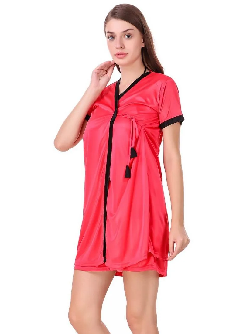 Women's Satin Short Wrap Gown with Half Sleeve(Color: Coral Red and Black, Neck Type: V Neck)