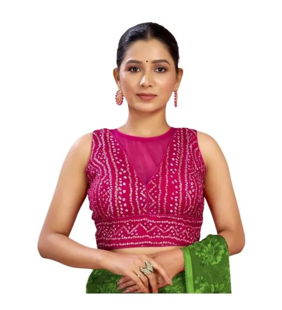 Generic Women's Rayon Cotton Bandhani Printed Halter Neck Non Padded Blouse (Pink 38 Ready (Alterable up to 42)