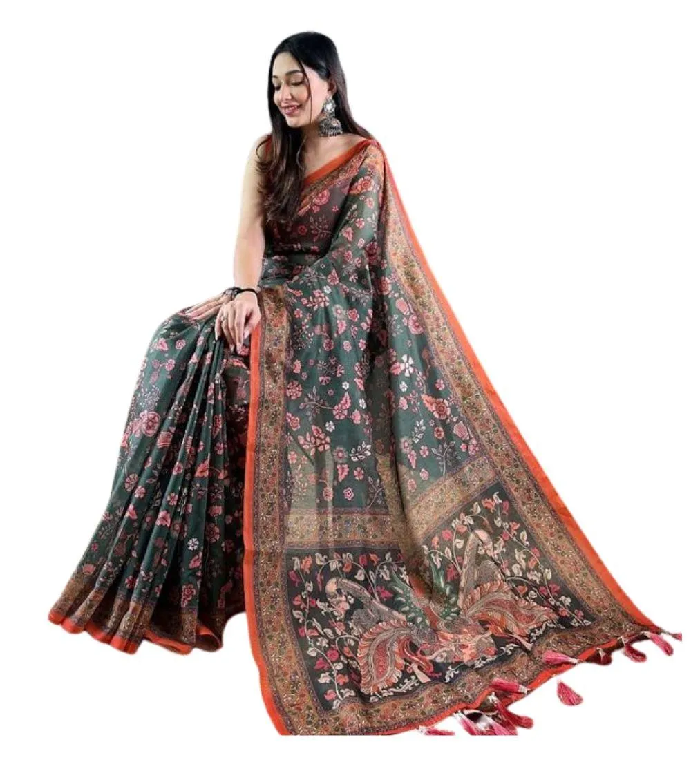 Generic Women's Linen Printed Saree With Unstitched Blouse 5.5Mtr (Green)