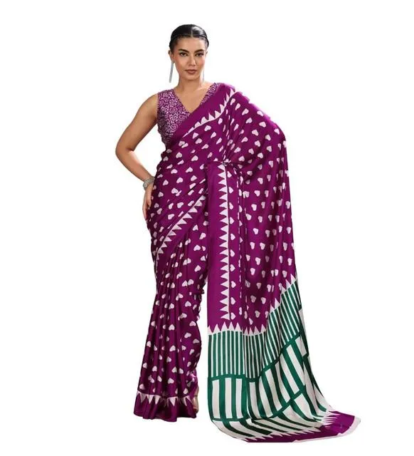 Generic Women's Satin Crepe Printed Saree With Unstitched Blouse 5.5Mtr (Purple)