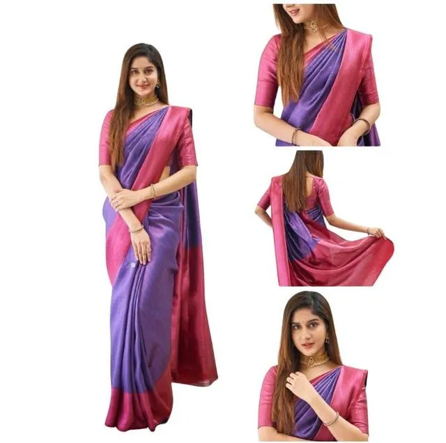 Generic Women's Soft Lichi Silk Printed Saree With Unstitched Blouse 5.5Mtr (Purple)