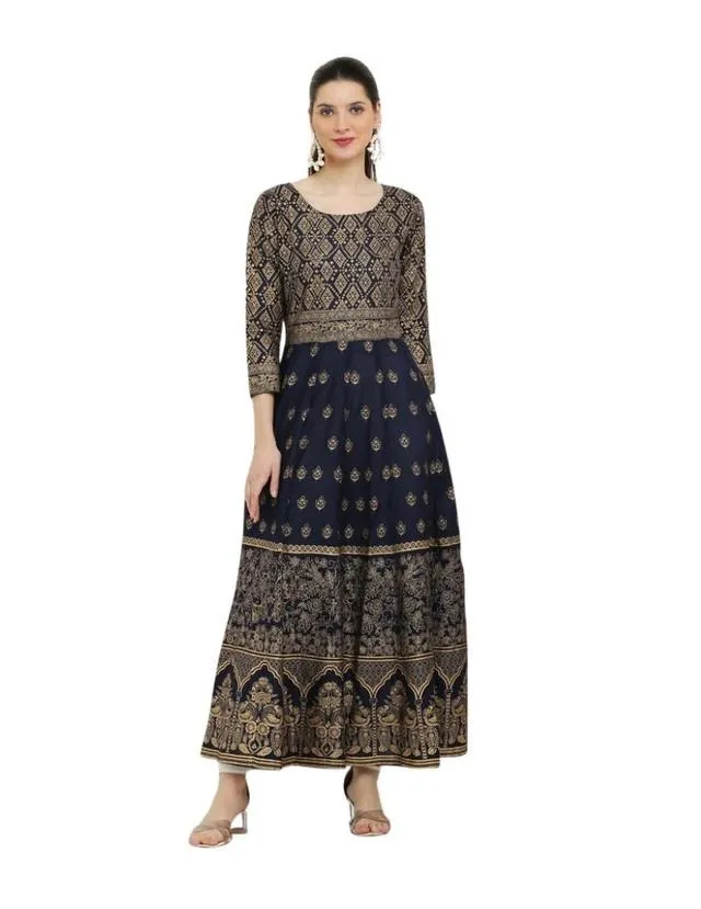 Generic Women's Casual Rayon 3-4th Sleeves Anarkali Kurti (Blue)