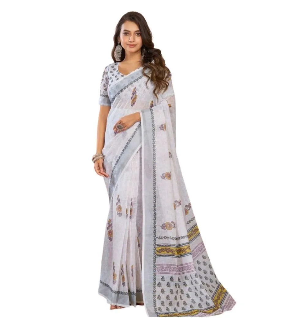 Generic Women's Linen Cotton Printed Ready To Wear Saree With Unstitched Blouse 5.5 Mtr (Off_White)