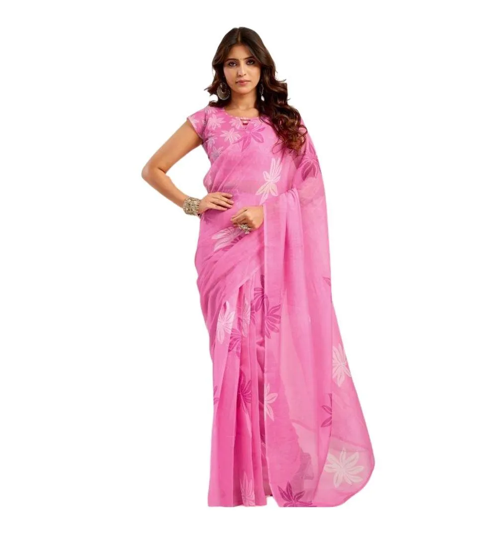 Generic Women's Linen Cotton Printed Ready To Wear Saree With Unstitched Blouse 5.5 Mtr (Light_Pink)
