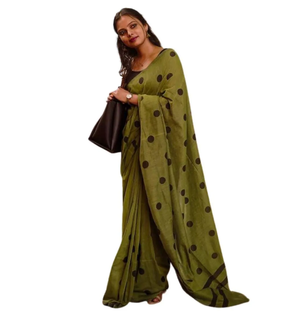 Generic Women's Linen Printed Saree With Unstitched Blouse 5.5Mtr (Green)