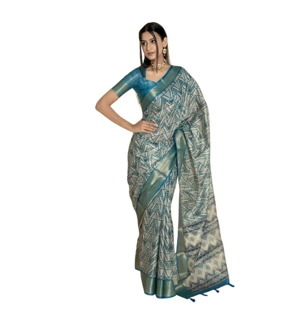 Generic Women's Polyester Printed Saree With Unstitched Blouse 5.5 Mtr (Turquoise)