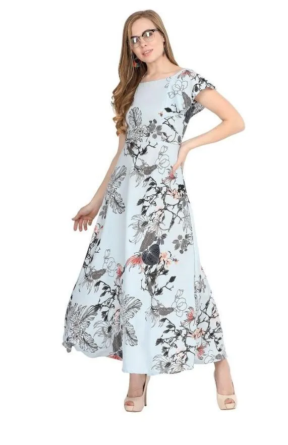 Generic Women's Crepe Floral Half Sleeves Full Length Gown(Blue)