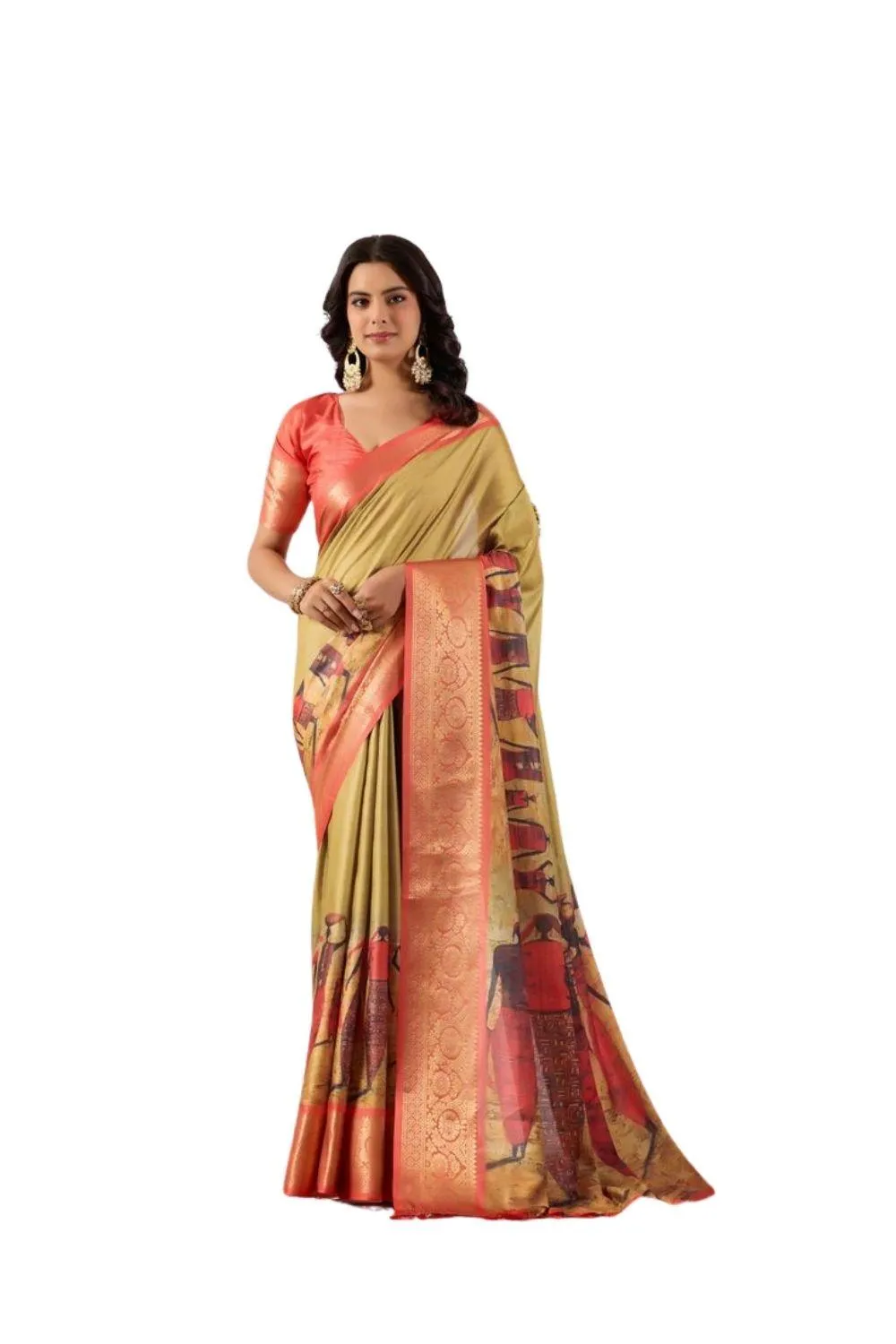 Generic Women's Faux_Silk Printed Saree With Unstitched Blouse 5.5Mtr (Olive)
