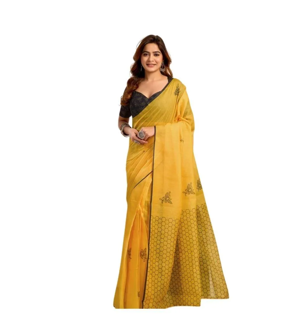 Generic Women's Linen Cotton Printed Ready To Wear Saree With Unstitched Blouse 5.5 Mtr (Yellow)