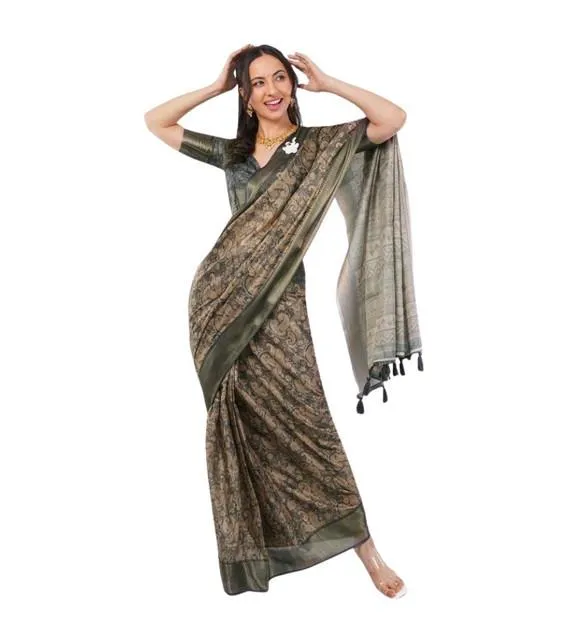 Generic Women's Polyester Printed Ready To Wear Saree With Unstitched Blouse 5.5 Mtr (Grey)