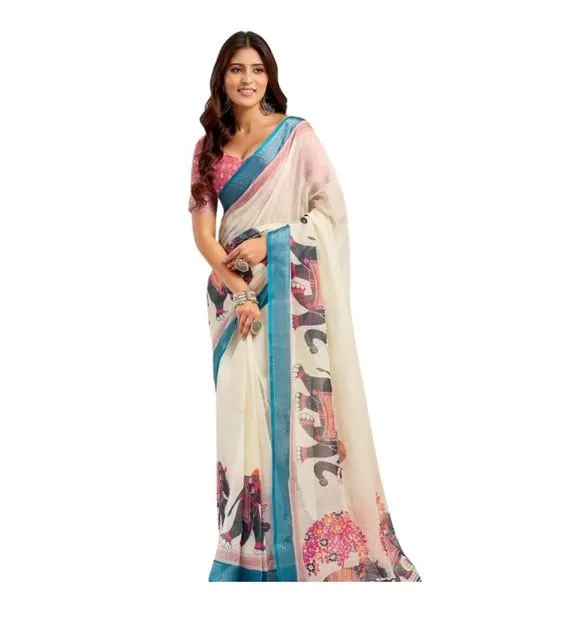 Generic Women's Linen Cotton Printed Ready To Wear Saree With Unstitched Blouse 5.5 Mtr (Cream)