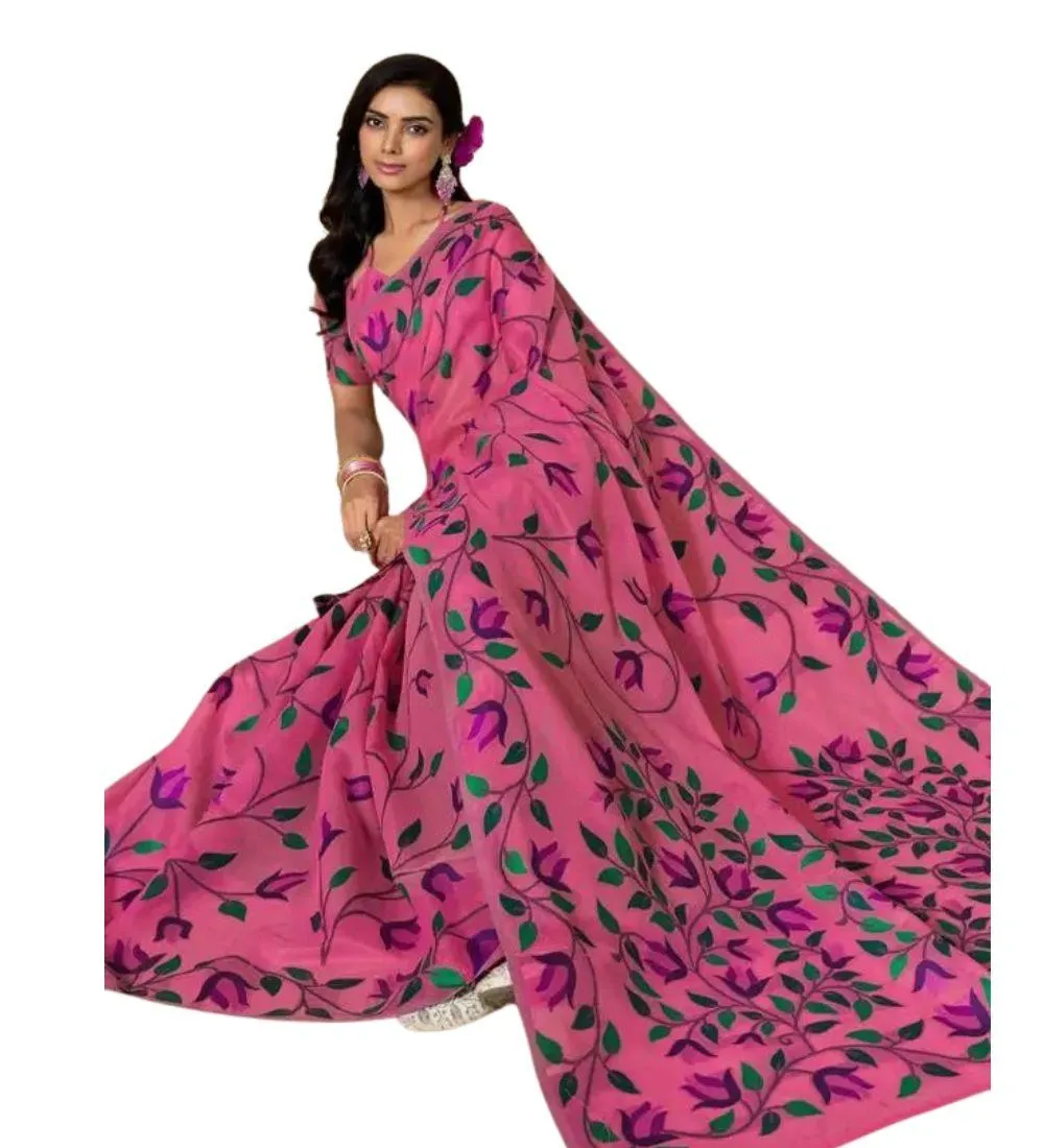 Generic Women's Georgette Printed Saree With Unstitched Blouse 5.5Mtr (Pink)