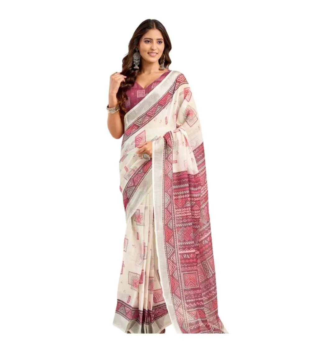 Generic Women's Linen Cotton Printed Ready To Wear Saree With Unstitched Blouse 5.5 Mtr (Off_White)