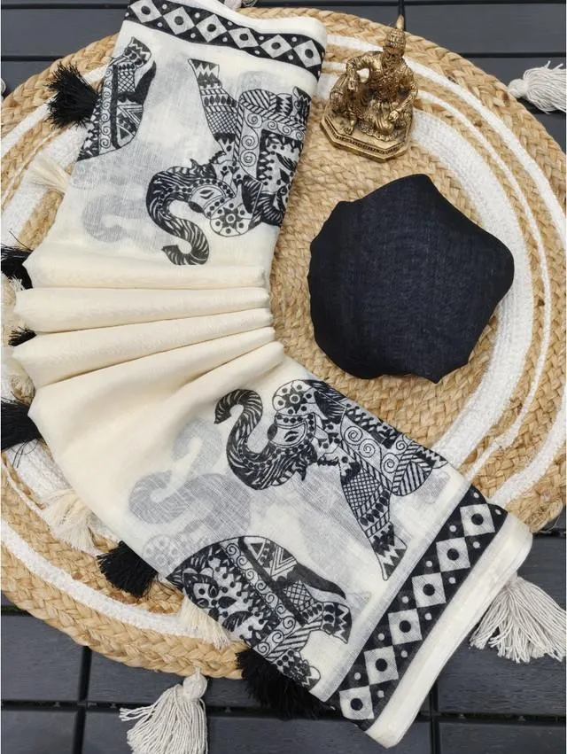 Generic Women's Linen Cotton Printed Saree With Unstitched Blouse 5.5Mtr (Cream &amp; Black)